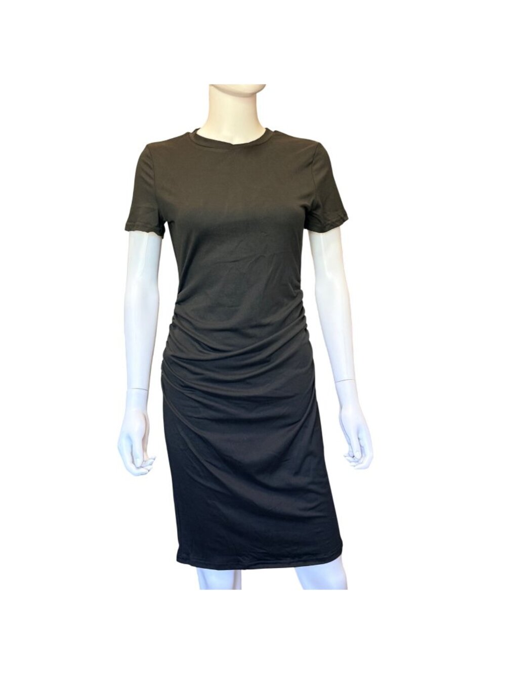 Black Short Sleeve Bodycon Dress Women’s S Ruched Stretch Knee Length Polyester